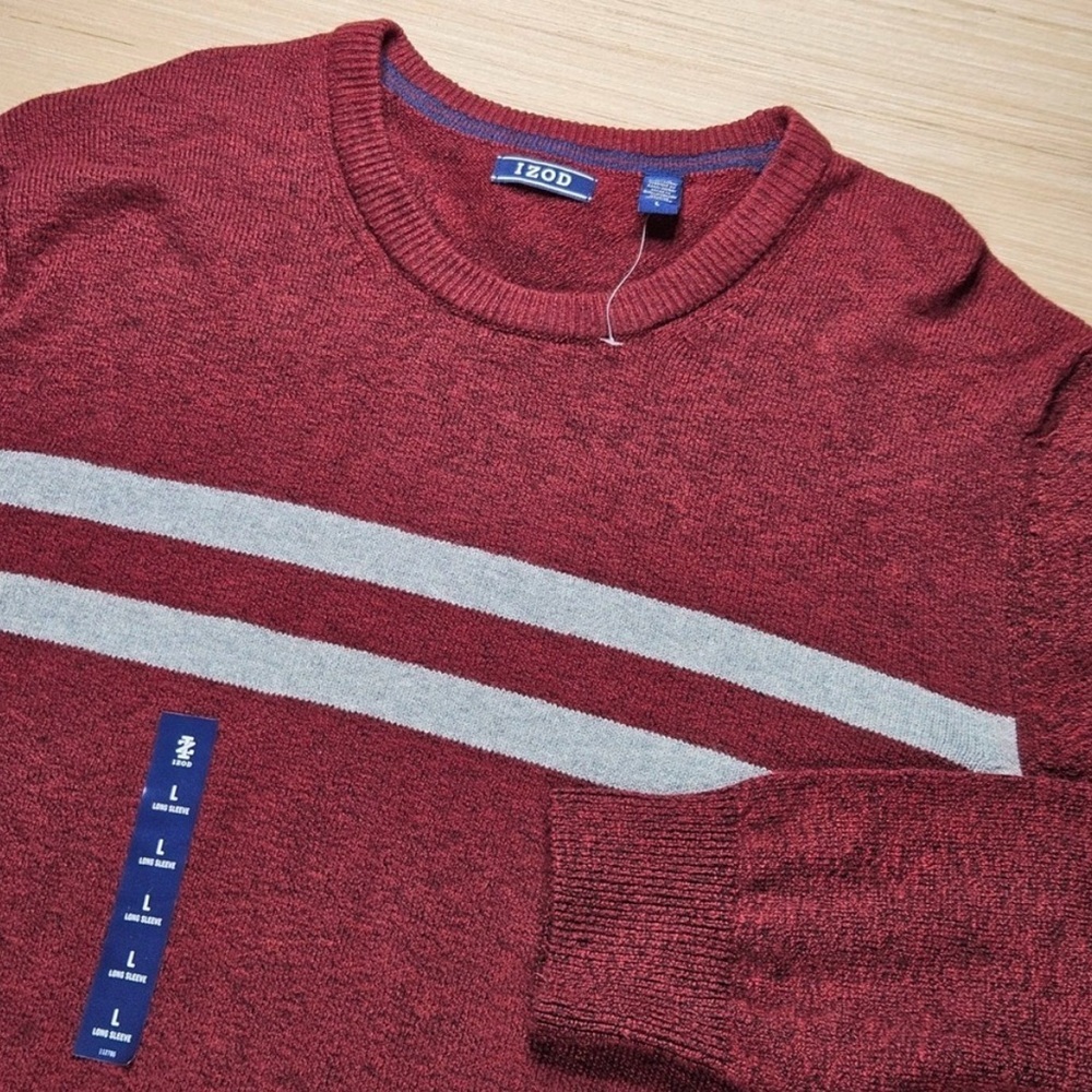 NWT Izod Men's Burgundy Crewneck Knit Sweater with Light Gray Stripes Sz L